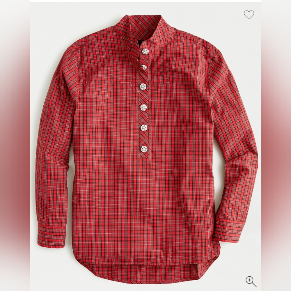JCrew Jeweled button popover tunic in red checkered plaid